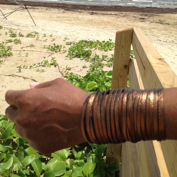 Leather Metallic Copper Colored Fringe Bracelet - Picture 3 of 7